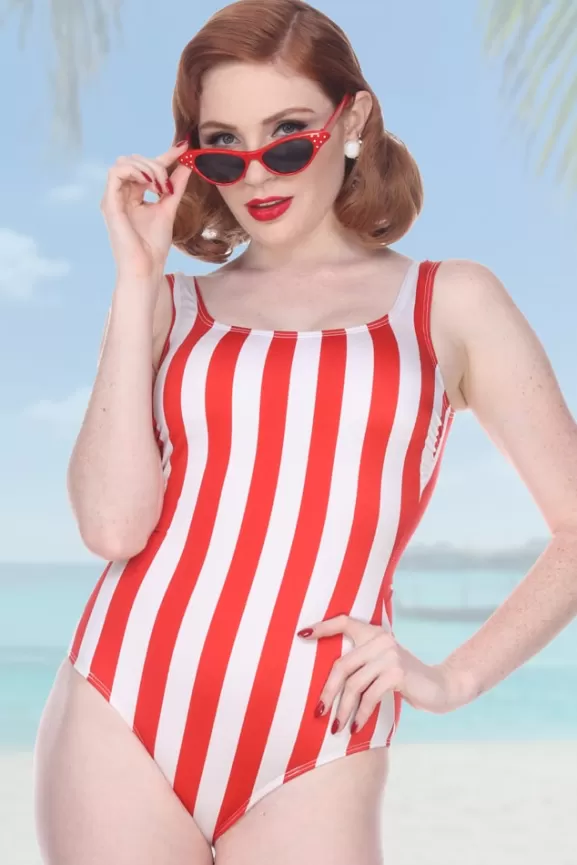 Bettie Page Swimwear | Americana Striped Tank (Red/White) By