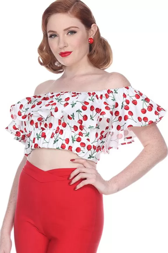 Bettie Page Tops | Bella Ruffle Top (White/Cherries)