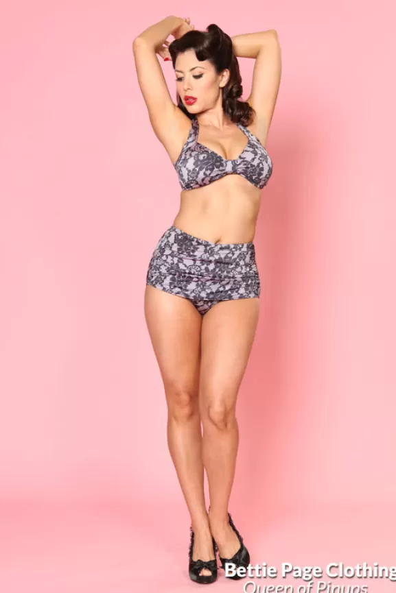 Bettie Page Swimwear | Black Lace W/ Front Sarong Bottom 2 Piece (Pink) By