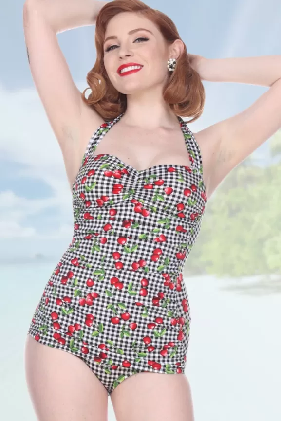 Bettie Page Swimwear | Cherry Gingham W/ Front Sarong By