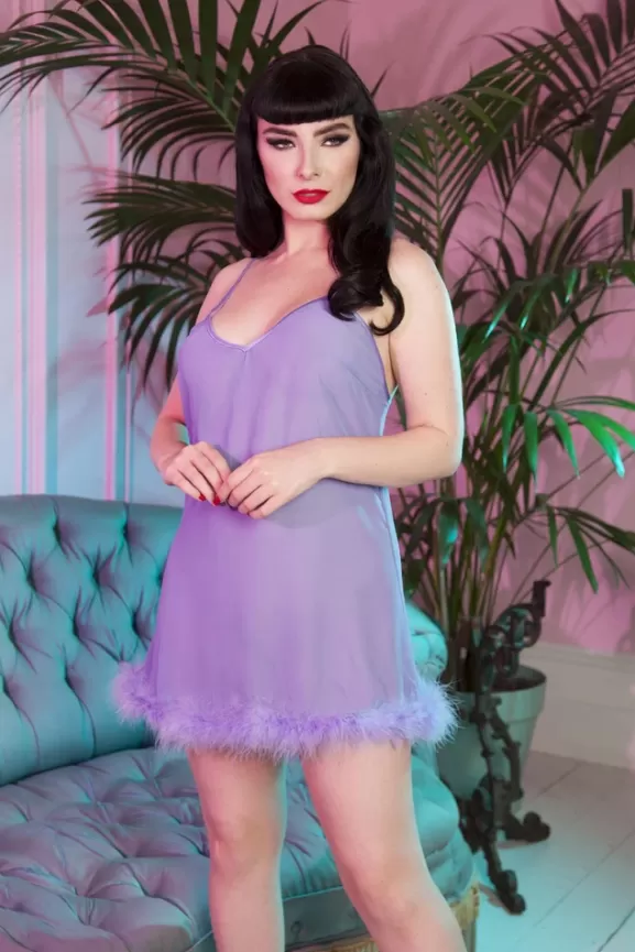 Bettie Page Nightwear | Chiffon Feather Babydoll Dress (Lilac) By