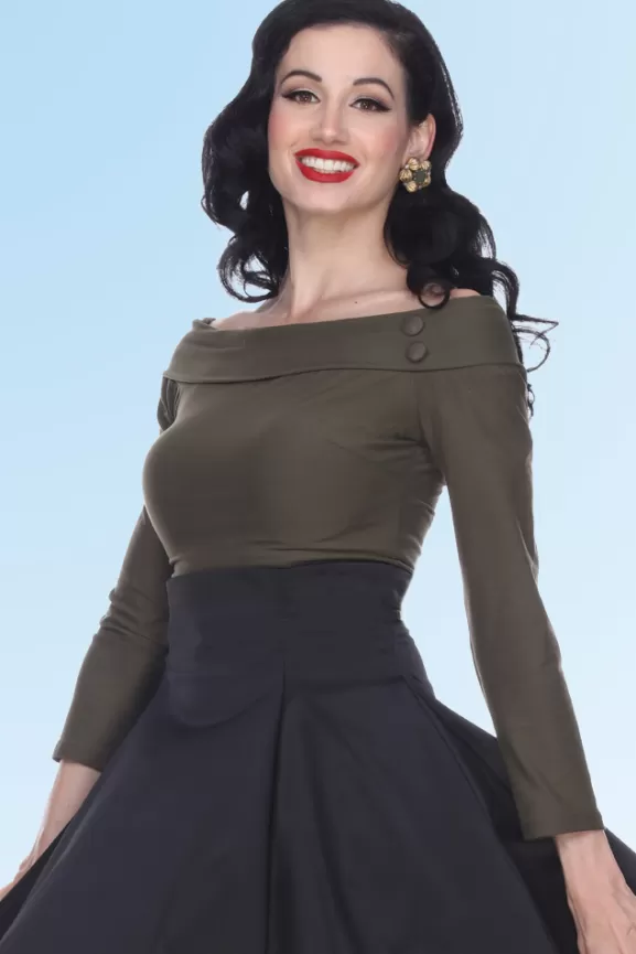 Bettie Page Tops | Debby Long Sleeved Top (Olive) By