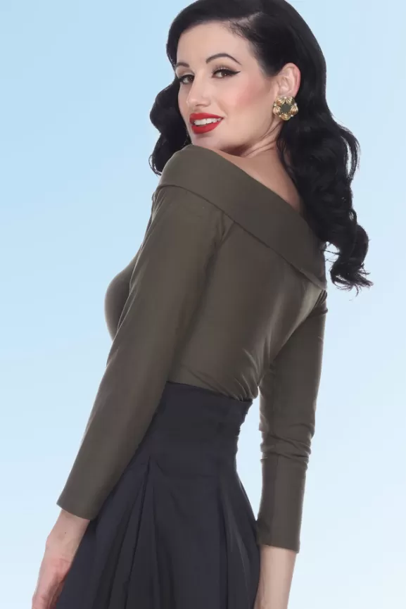 Bettie Page Tops | Debby Long Sleeved Top (Olive) By