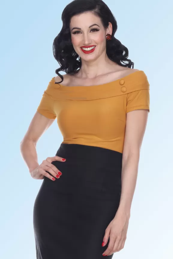 Bettie Page Tops | Debby Short Sleeved Top (Mustard) By