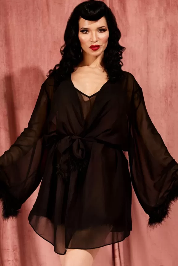 Bettie Page Nightwear | Faux Feather Robe (Black)