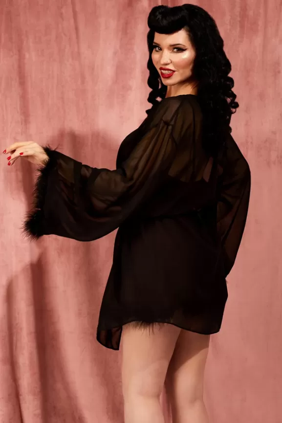 Bettie Page Nightwear | Faux Feather Robe (Black)