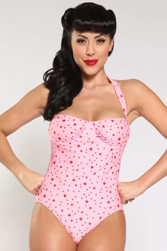 Bettie Page Swimwear | Hearts 1-Piece Halter