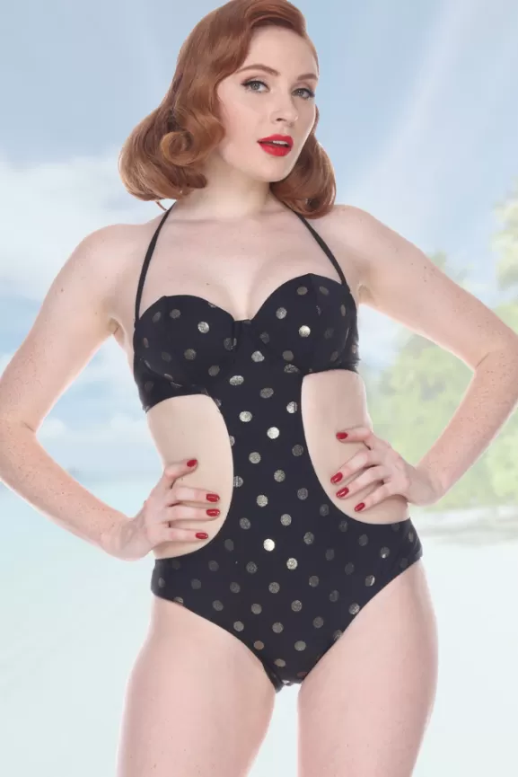 Bettie Page Swimwear | Monokini Polka Dot (Black/Gold)