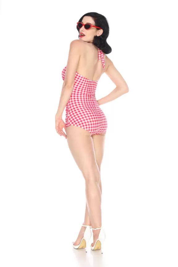 Bettie Page Swimwear | Picnic W/ Halter Ruched (White/Red) By