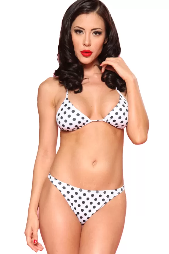 Bettie Page Swimwear | Solid Triangle/Low Rise Bikini (White/Black Spots)