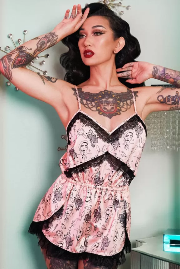 Bettie Page Nightwear | Tattoo Print Lace Playsuit