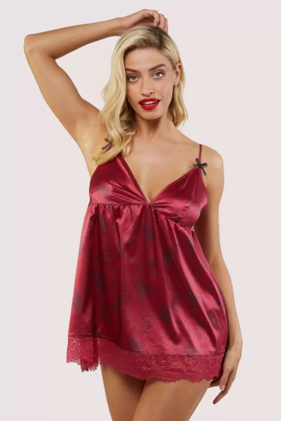 Bettie Page Nightwear | Tattoo Print Red Lace Slip Dress